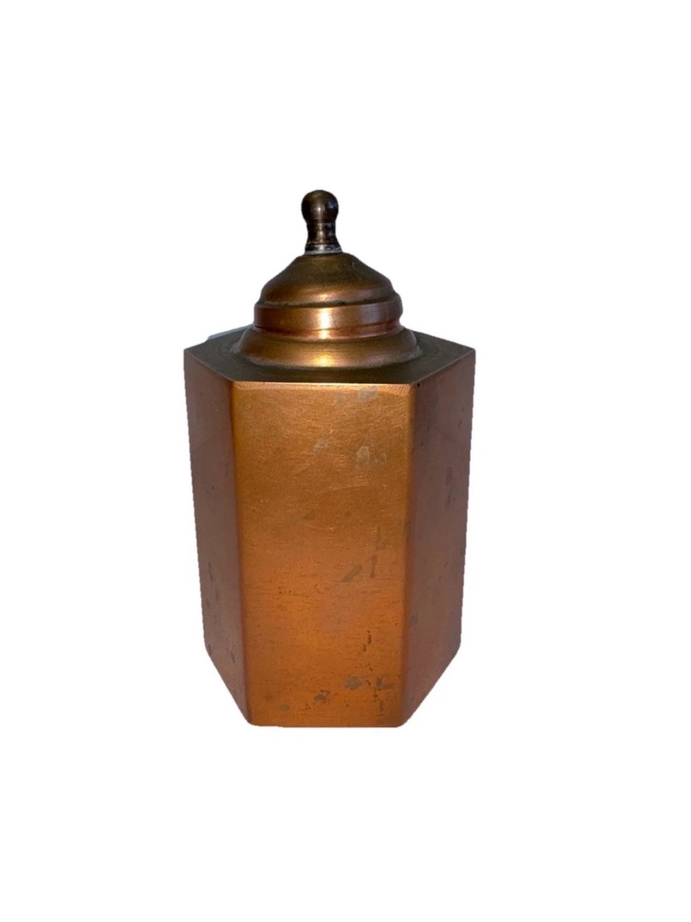 Copper or Brass Hexagonal Tea Caddy Decorative Jar or Stash Box with Finial Lid